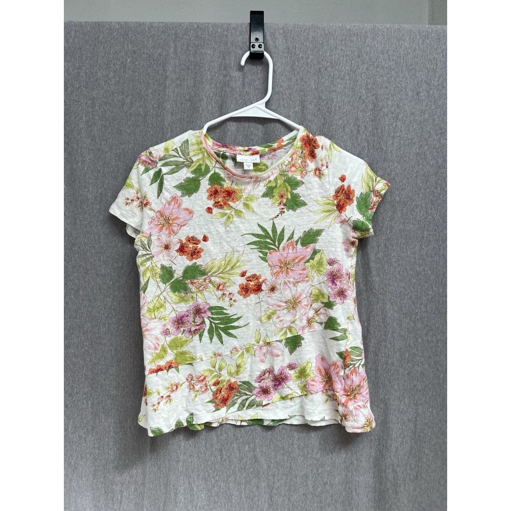 J. Jill Love Linen Sz XS 100% Linen Floral Short Sleeve Tee Knit Tropical Beach